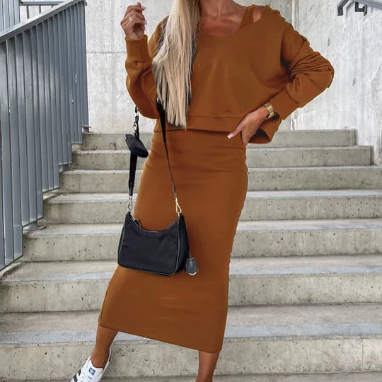 Damen Casual-Set Cropped-Sweatshirt mit Cut-Out-Trägern und High‑Waist Midirock aus Stretch-Fleece Nord Taschen