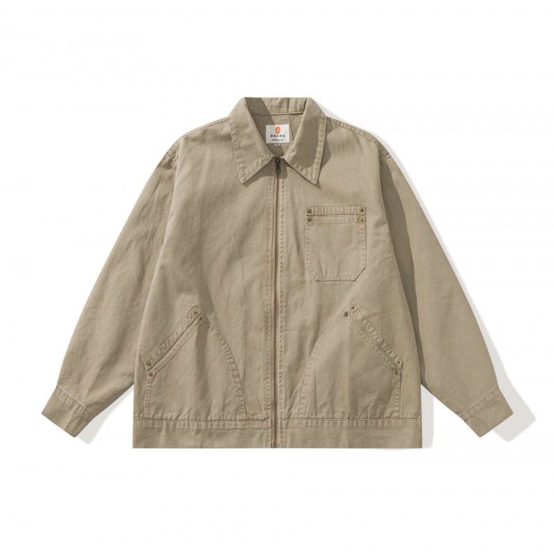 Unisex Kastenförmige Canvas-Worker-Jacke mit Frontreißverschluss und Nietapplikationen Nord Taschen