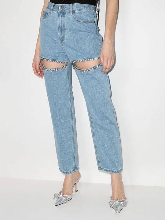 Damen Jeans mit dekorativen Cut-Outs und Strassverzierungen