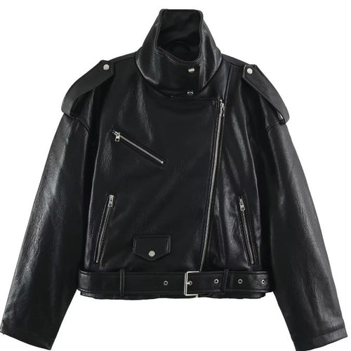 Damen Kurz geschnittene Bikerjacke aus Kunstleder mit asymmetrischem Reißverschluss, Stehkragen und Schulterklappen Nord Taschen