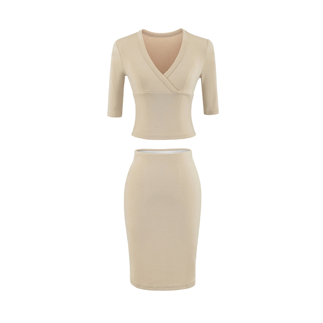 Damen Zweiteiliges figurbetontes Wickel-Top mit Dreiviertelärmeln und Highwaist-Bleistiftrock Nord Taschen