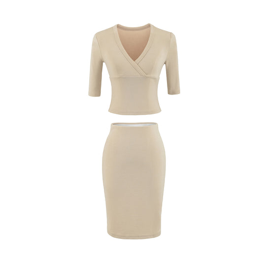 Damen Zweiteiliges figurbetontes Wickel-Top mit Dreiviertelärmeln und Highwaist-Bleistiftrock Nord Taschen