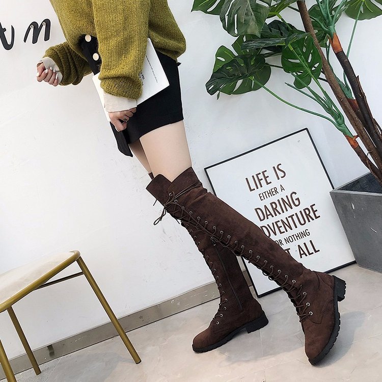 Damen Kniehohe Schnürstiefel mit durchgehender Schnürung aus Veloursimitat und rutschfester Profilsohle Nord Taschen