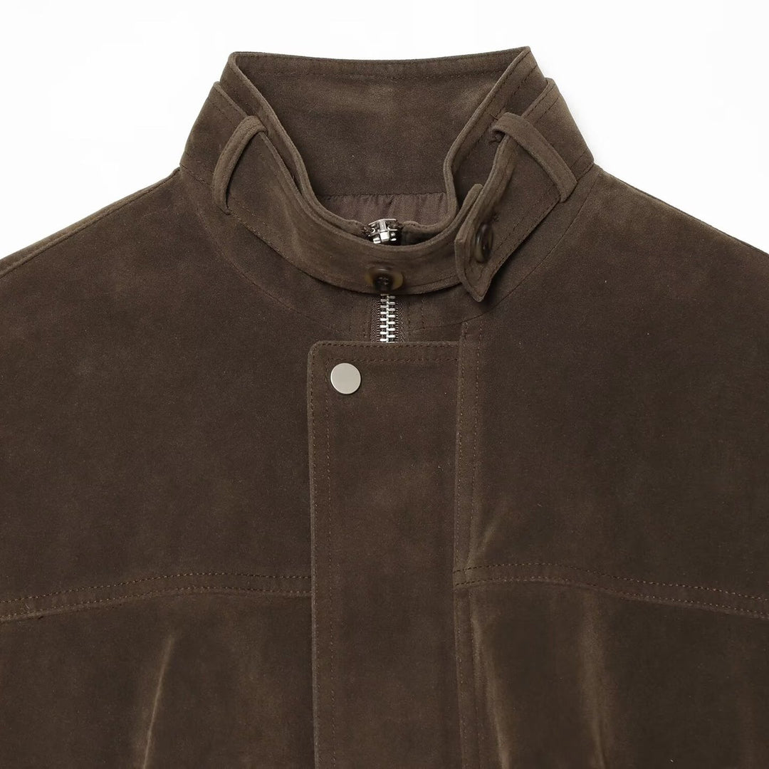 Damen Oversize-Wildleder‑Bomberjacke mit hohem Stehkragen und Reißverschlusstaschen Nord Taschen