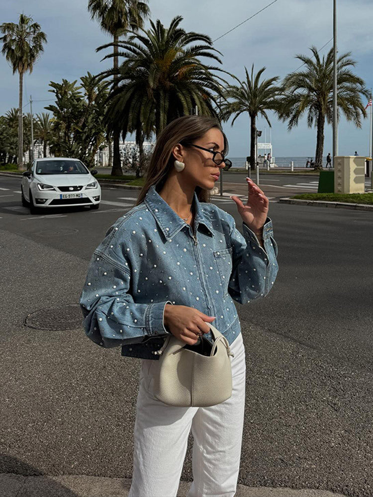 Damen Gekürzte Denim-Jacke mit Perlenbesatz und Oversize-Ärmeln Nord Taschen