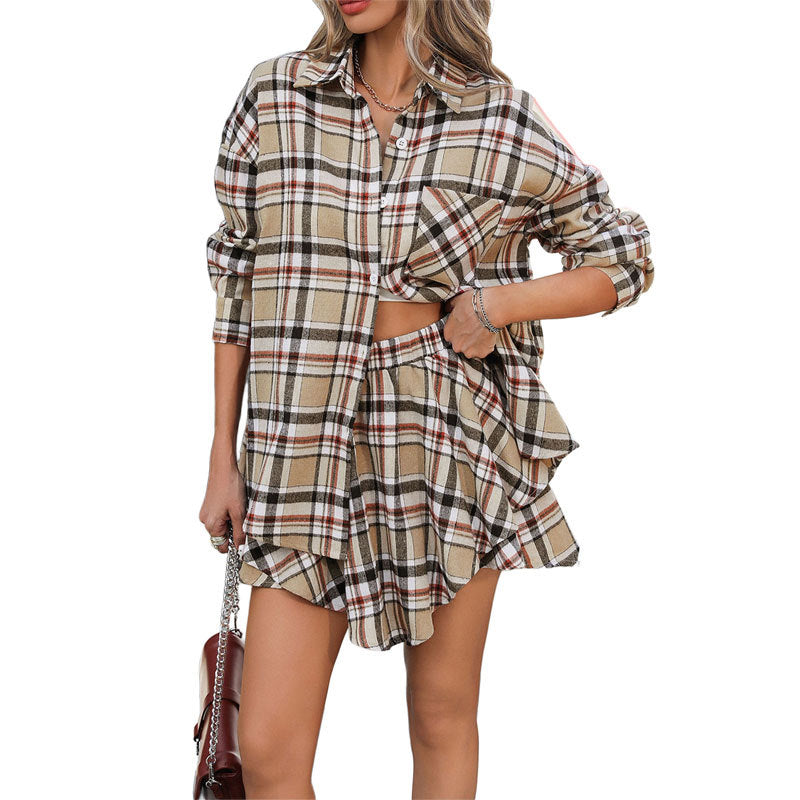 Damen Karierte Kurzbluse und Rock Set Nord Taschen