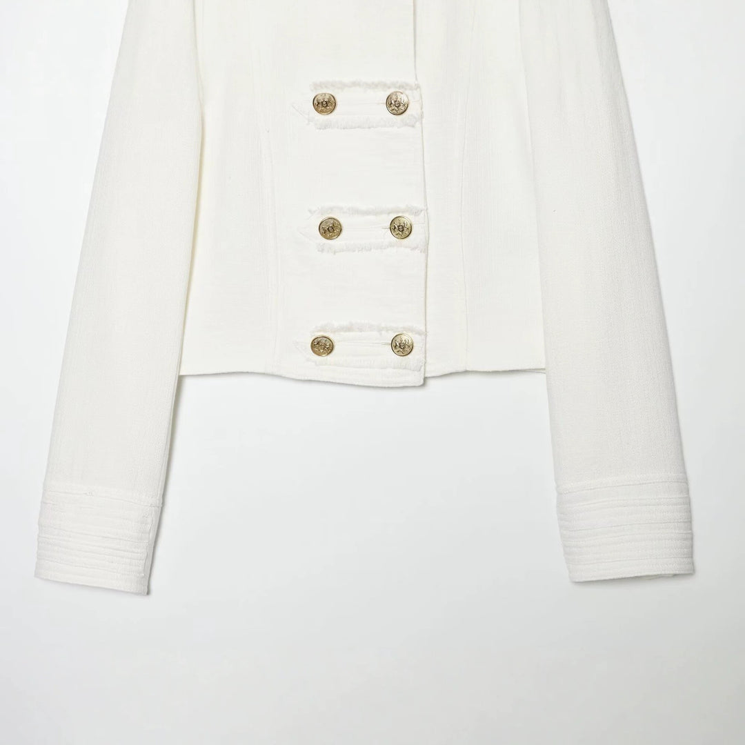 Damen Kurzgeschnittene Militärjacke mit Stehkragen, Zierknopfreihe und Epauletten Nord Taschen