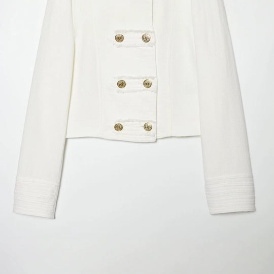 Damen Kurzgeschnittene Militärjacke mit Stehkragen, Zierknopfreihe und Epauletten Nord Taschen