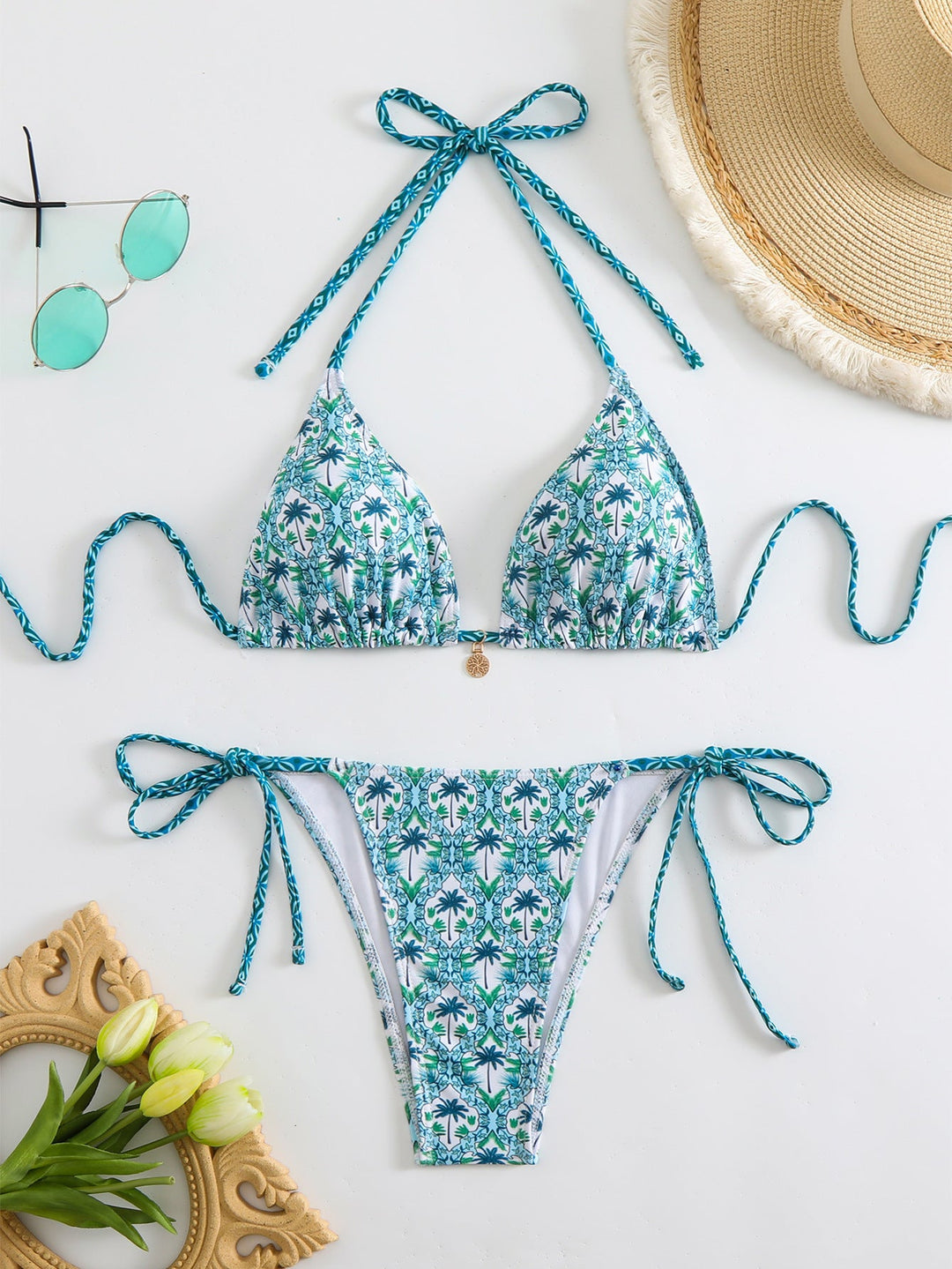 Damen Triangel-Bikini mit liNord Taschenevollem Blumenmuster und verstellbaren Trägern