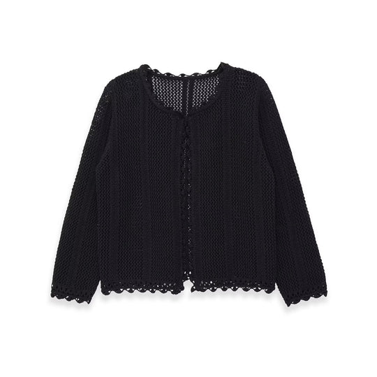 Damen gehäkelte Ajour-Strickjacke mit Häkelspitzenbesatz Nord Taschen