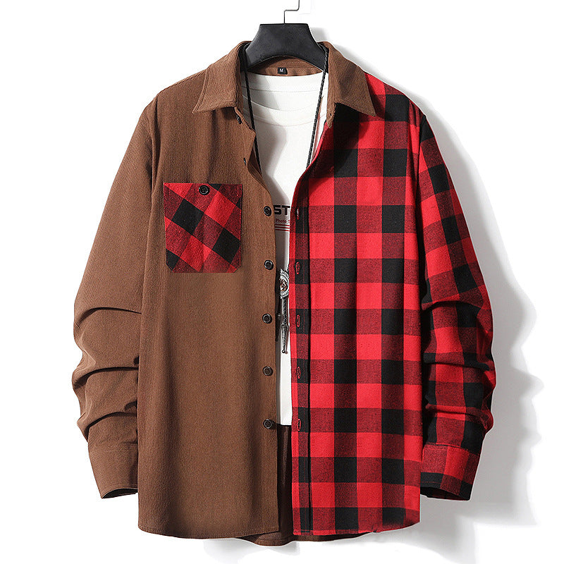 Herren Halbgespaltenes Overshirt im Lumberjack-Karo mit kontrastierender Uni‑Seite, Brusttasche und durchgehender Knopfleiste Nord Taschen