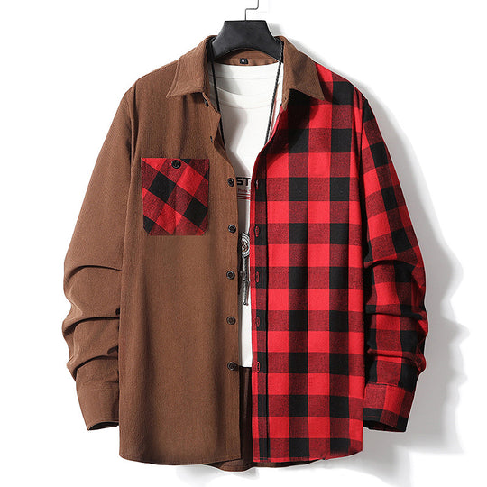 Herren Halbgespaltenes Overshirt im Lumberjack-Karo mit kontrastierender Uni‑Seite, Brusttasche und durchgehender Knopfleiste Nord Taschen