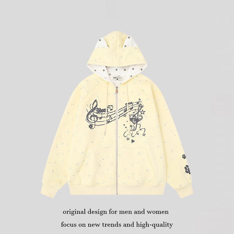 Damen Zip-Kapuzenjacke mit Musikprint, 3D-Ohrenkapuze und Pfoten-Applikation Nord Taschen