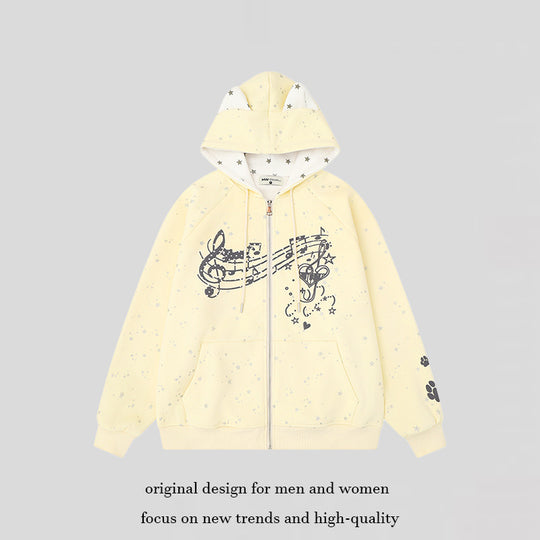 Damen Zip-Kapuzenjacke mit Musikprint, 3D-Ohrenkapuze und Pfoten-Applikation Nord Taschen