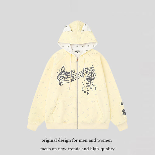 Damen Zip-Kapuzenjacke mit Musikprint, 3D-Ohrenkapuze und Pfoten-Applikation Nord Taschen