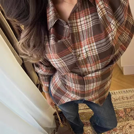 Damen Karo-Bluse mit Puffärmeln und taillierendem Bindegürtel Nord Taschen