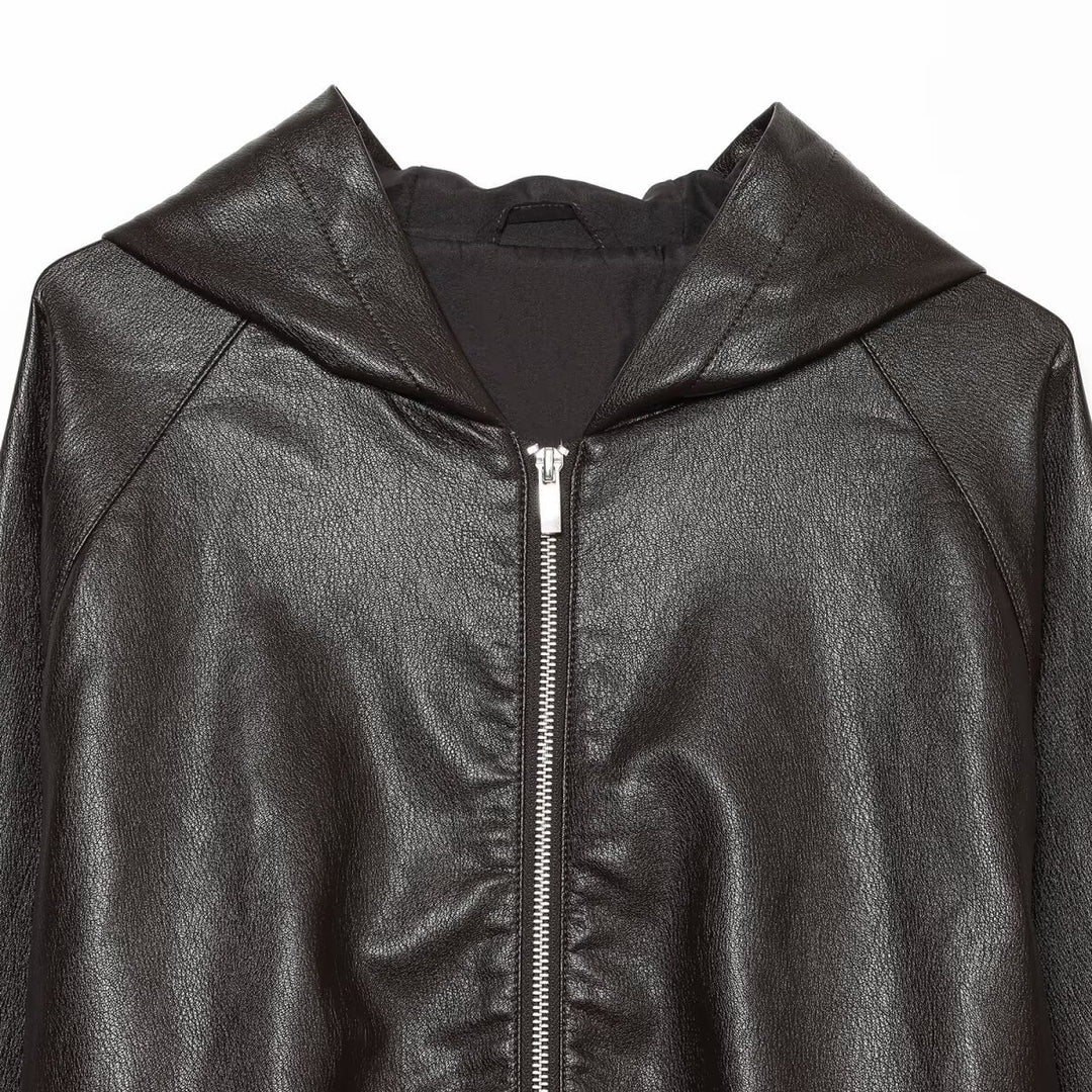 Damen Kurzgeschnittene Kunstleder-Bomberjacke mit Kapuze, Tunnelzug und elastischen Bündchen Nord Taschen