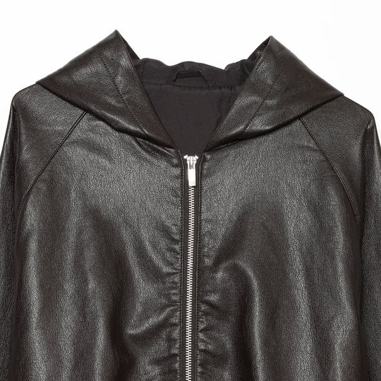 Damen Kurzgeschnittene Kunstleder-Bomberjacke mit Kapuze, Tunnelzug und elastischen Bündchen Nord Taschen