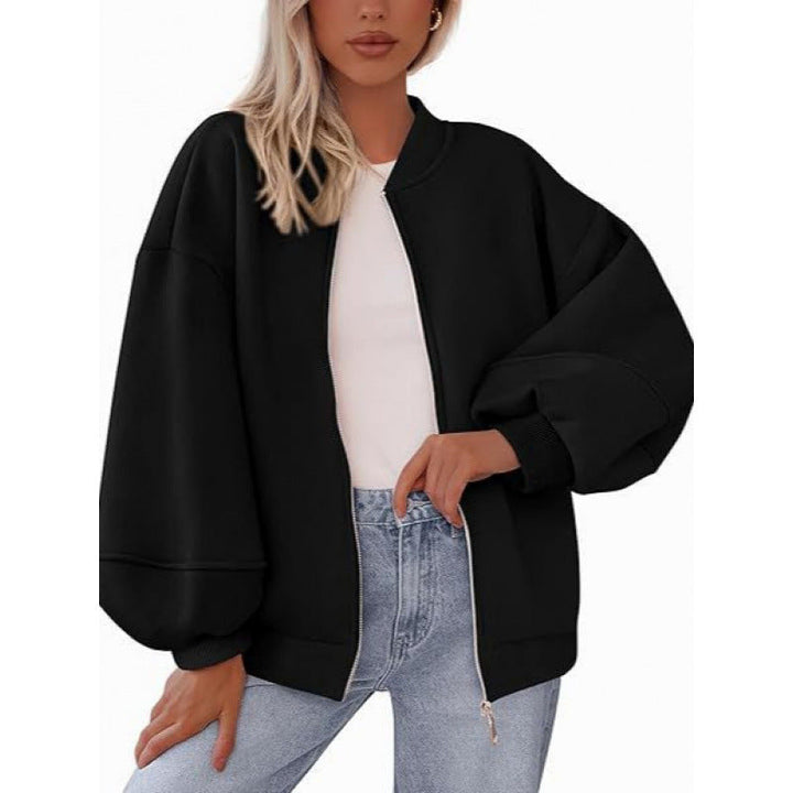 Damen lässige Oversized-Jacke mit Reißverschluss und ballonen Ärmeln