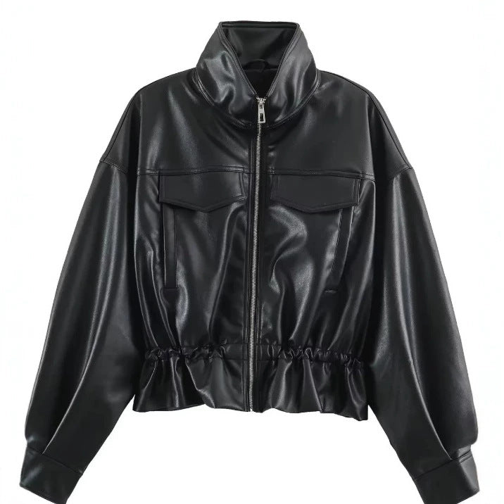 Damen Cropped Kunstleder‑Blouson mit Stehkragen, Pattentaschen und Tunnelzugtaillierung Nord Taschen