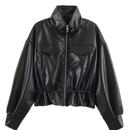 Damen Cropped Kunstleder‑Blouson mit Stehkragen, Pattentaschen und Tunnelzugtaillierung Nord Taschen