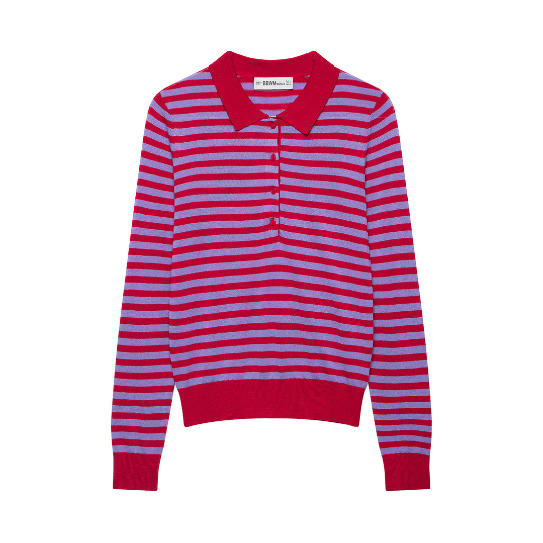 Damen Gestreifter Cropped-Polo-Cardigan aus Feinstrick mit Knopfleiste Nord Taschen