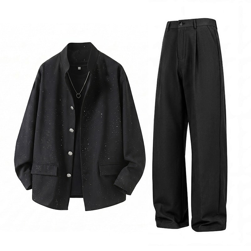 Herren Zweiteiliges Oversize-Lounge-Set mit gesprenkelter Übergangsjacke und weiter Bundfaltenhose Nord Taschen