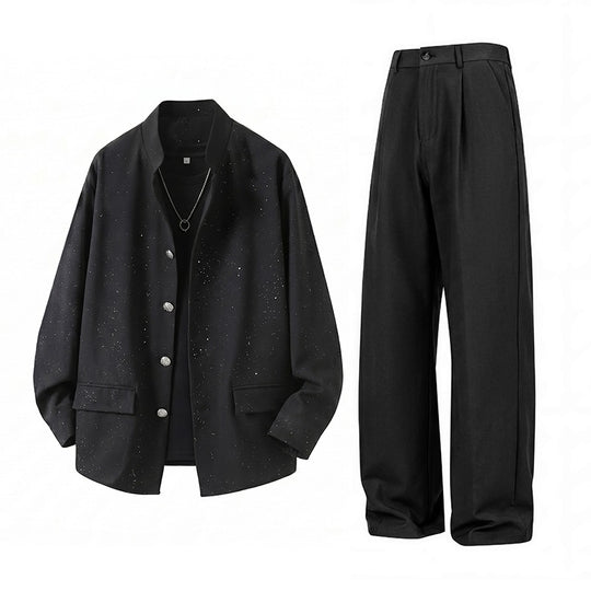 Herren Zweiteiliges Oversize-Lounge-Set mit gesprenkelter Übergangsjacke und weiter Bundfaltenhose Nord Taschen