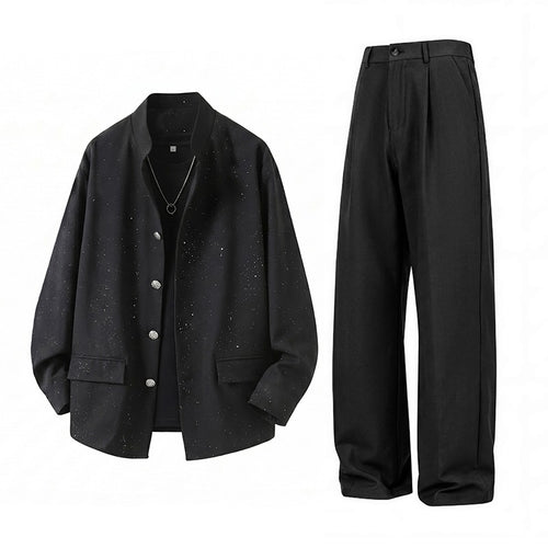 Herren Zweiteiliges Oversize-Lounge-Set mit gesprenkelter Übergangsjacke und weiter Bundfaltenhose Nord Taschen