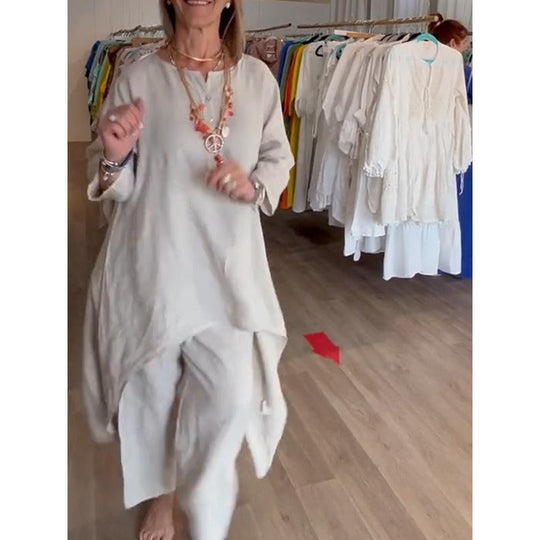 Damen Midilanges Leinen-Tunika-Set mit asymmetrischem Saum und weiter Palazzo-Hose Nord Taschen