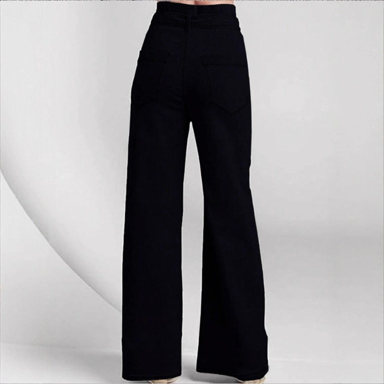 Damen Hochtaillierte, maritim inspirierte weite Jeanshose mit Zierknopfleiste und Bindegürtel Nord Taschen