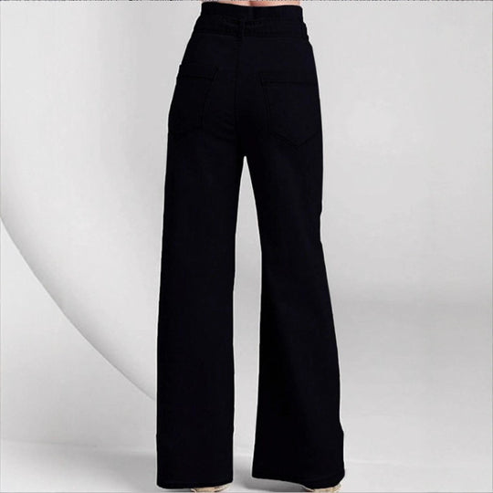 Damen Hochtaillierte, maritim inspirierte weite Jeanshose mit Zierknopfleiste und Bindegürtel Nord Taschen