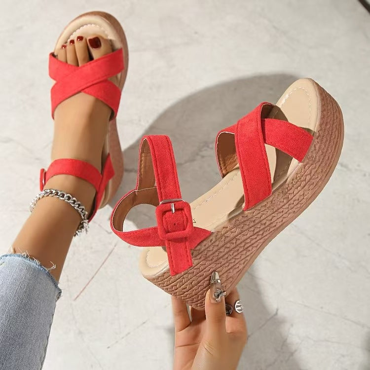 Damen Plateau-Sandalen mit modischen Kreuzriemen und stabilem Korkabsatz