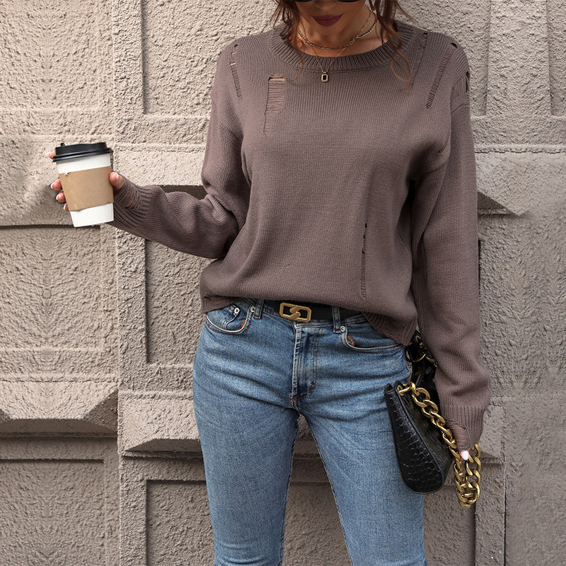 Damen Oversize Strickpullover im Destroyed‑Look mit rundem Halsausschnitt Nord Taschen