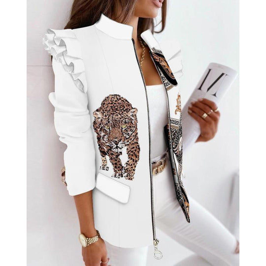 Damen Leoprint-Statement-Jacke mit Rüschen-Schulter und Reißverschluss Nord Taschen