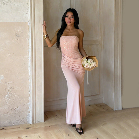 Damen Elegantes langes Abendkleid mit figurschmeichelndem Rüschendesign und schimmernden Pailletten Nord Taschen