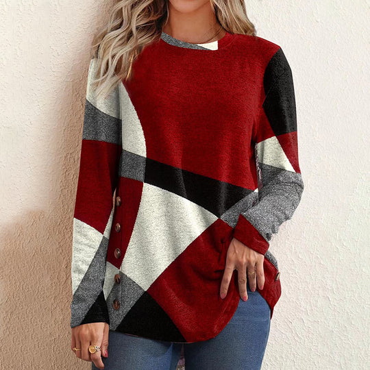 Damen Feinstrickpullover mit geometrischem Colorblock und Zierknöpfen Nord Taschen