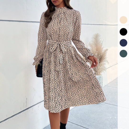 Damen Midikleid mit Stehkragen, geraffter Passe und Bindegürtel Nord Taschen