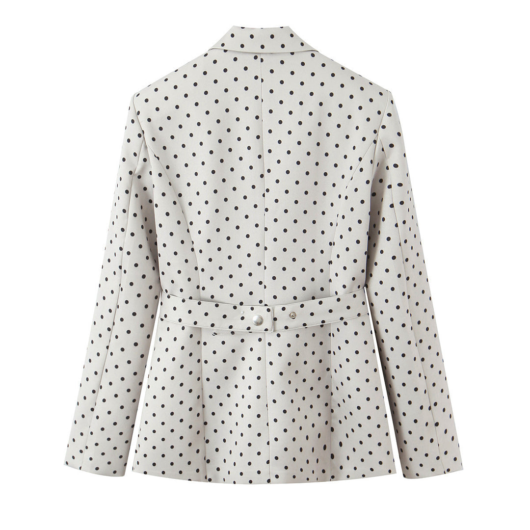 Damen Taillierter gepunkteter Blazer mit Bindegürtel und Reverskragen Nord Taschen