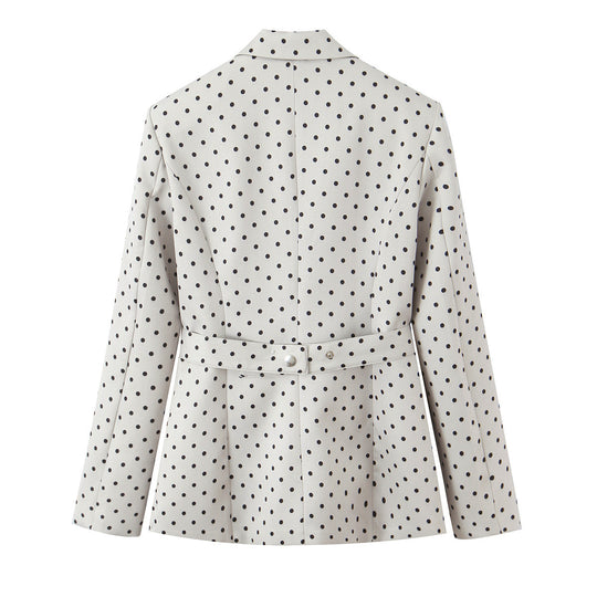 Damen Taillierter gepunkteter Blazer mit Bindegürtel und Reverskragen Nord Taschen