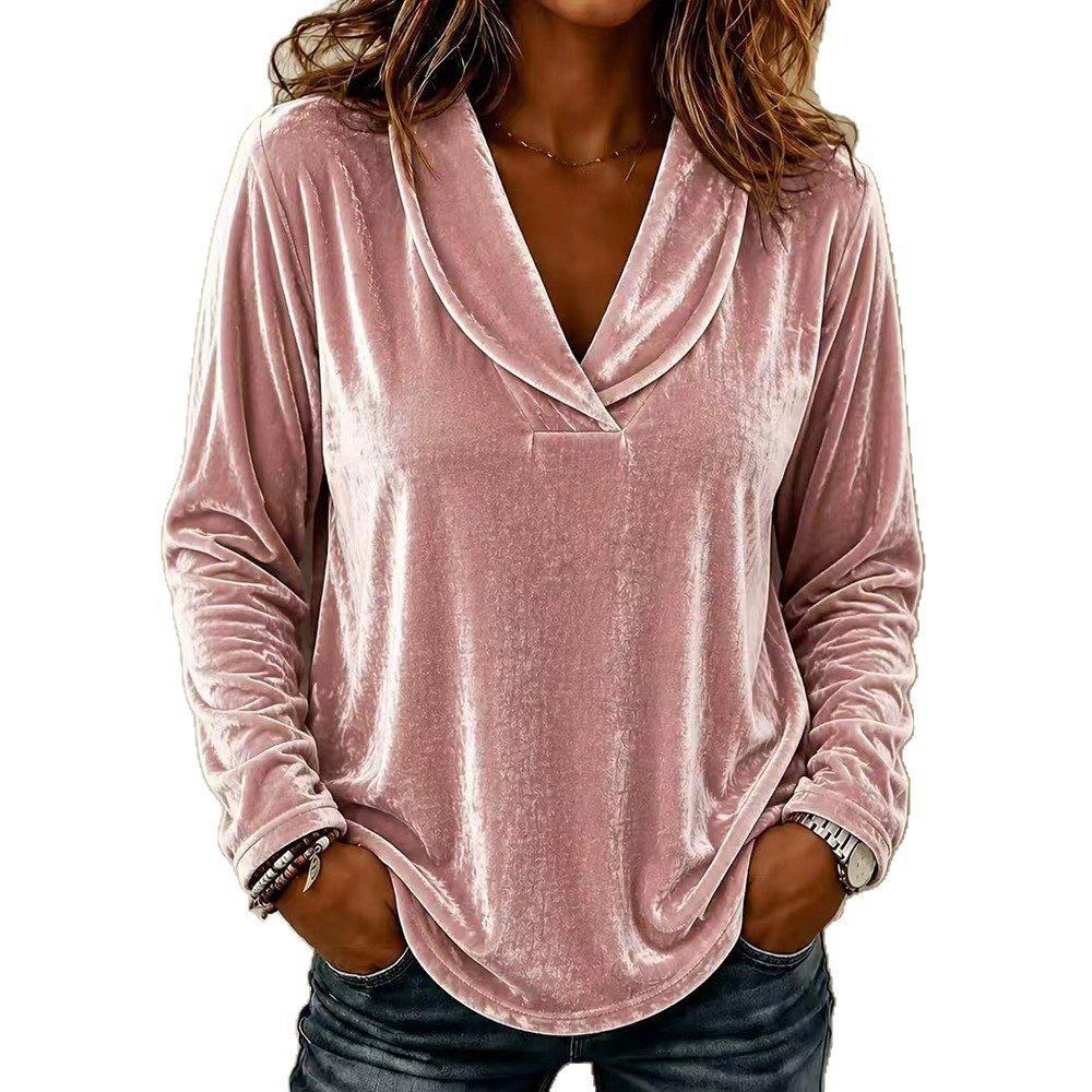 Damen Velours-Longsleeve mit tiefem Schalkragen und gerundetem Saum Nord Taschen