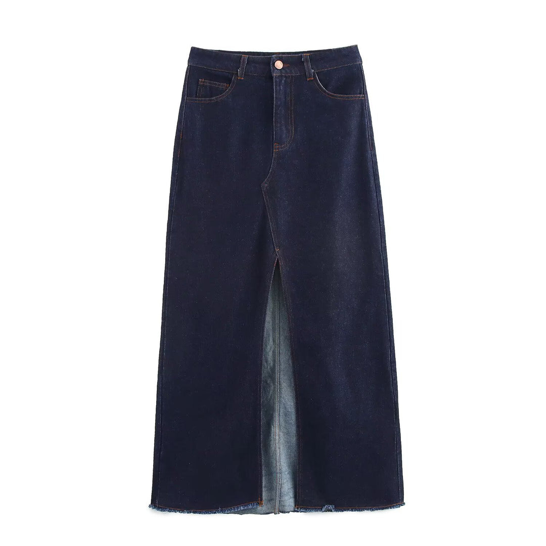 Damen Langer Jeans-Midirock mit hoher Taille, Frontschlitz und rohem Saum Nord Taschen