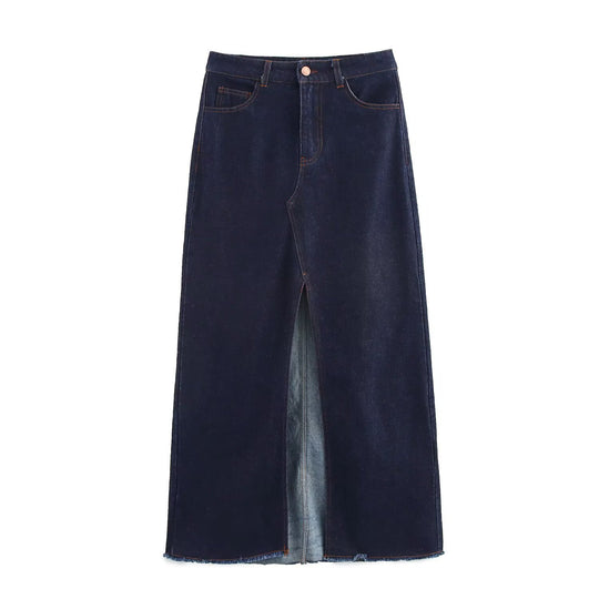 Damen Langer Jeans-Midirock mit hoher Taille, Frontschlitz und rohem Saum Nord Taschen