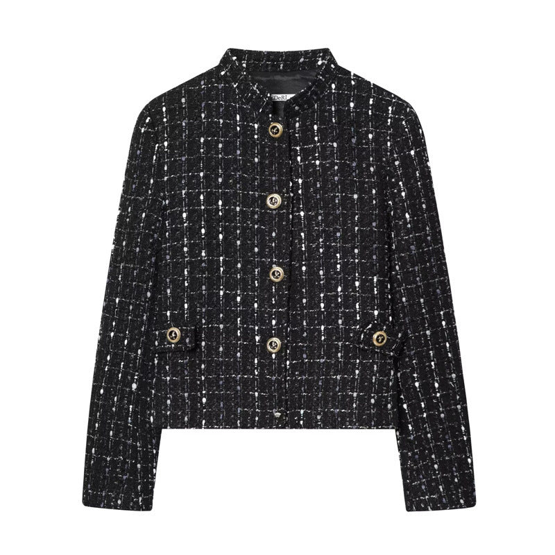 Damen kurze Bouclé‑Tweed‑Jacke mit Stehkragen, Zierknöpfen und Pattentaschen Nord Taschen