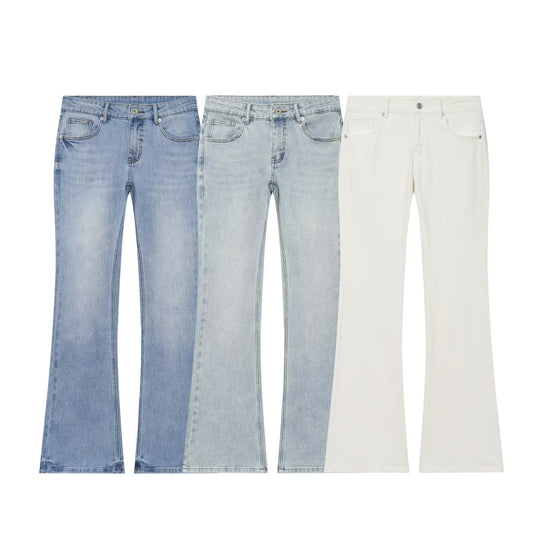 Damen Hochgeschnittene Schlaghose-Jeans mit dezenter Used-Waschung und Fünf-Taschen-Design Nord Taschen