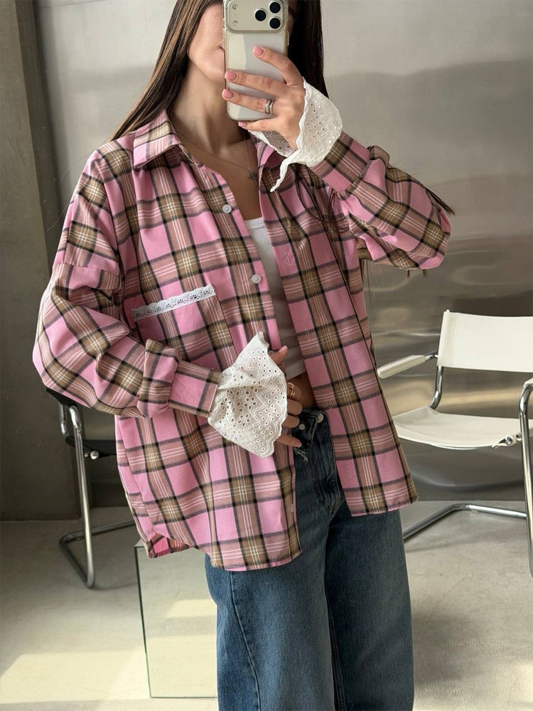 Damen Oversize-kariertes Flanellhemd mit Spitzenmanschetten und Zierpaspel Nord Taschen
