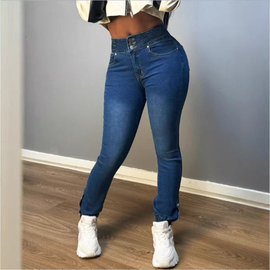 Damen Hochtaillierte formende Skinny-Jeans mit doppeltem Bundverschluss und verstellbarem Knöchel-Tunnelzug Nord Taschen