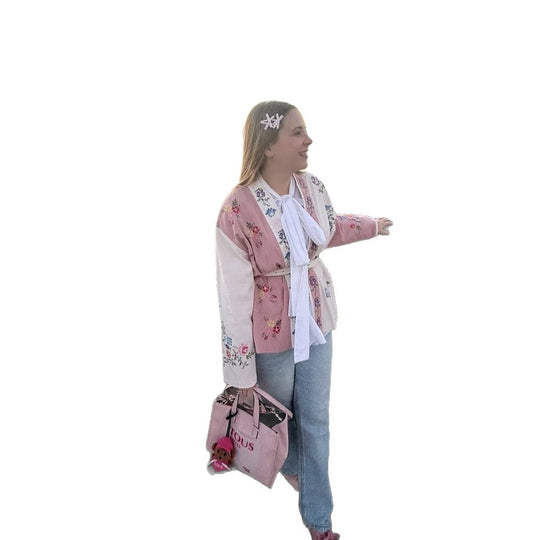 Damen Bestickte leichte Kimono-Jacke mit floralen Applikationen und offenem Fall Nord Taschen