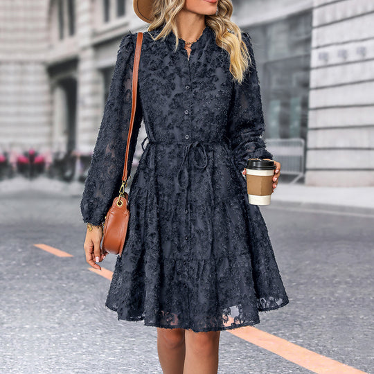 Damen Texturiertes Blusen‑Skaterkleid mit Volantstufen, durchgehender Knopfleiste und Taillenzug Nord Taschen