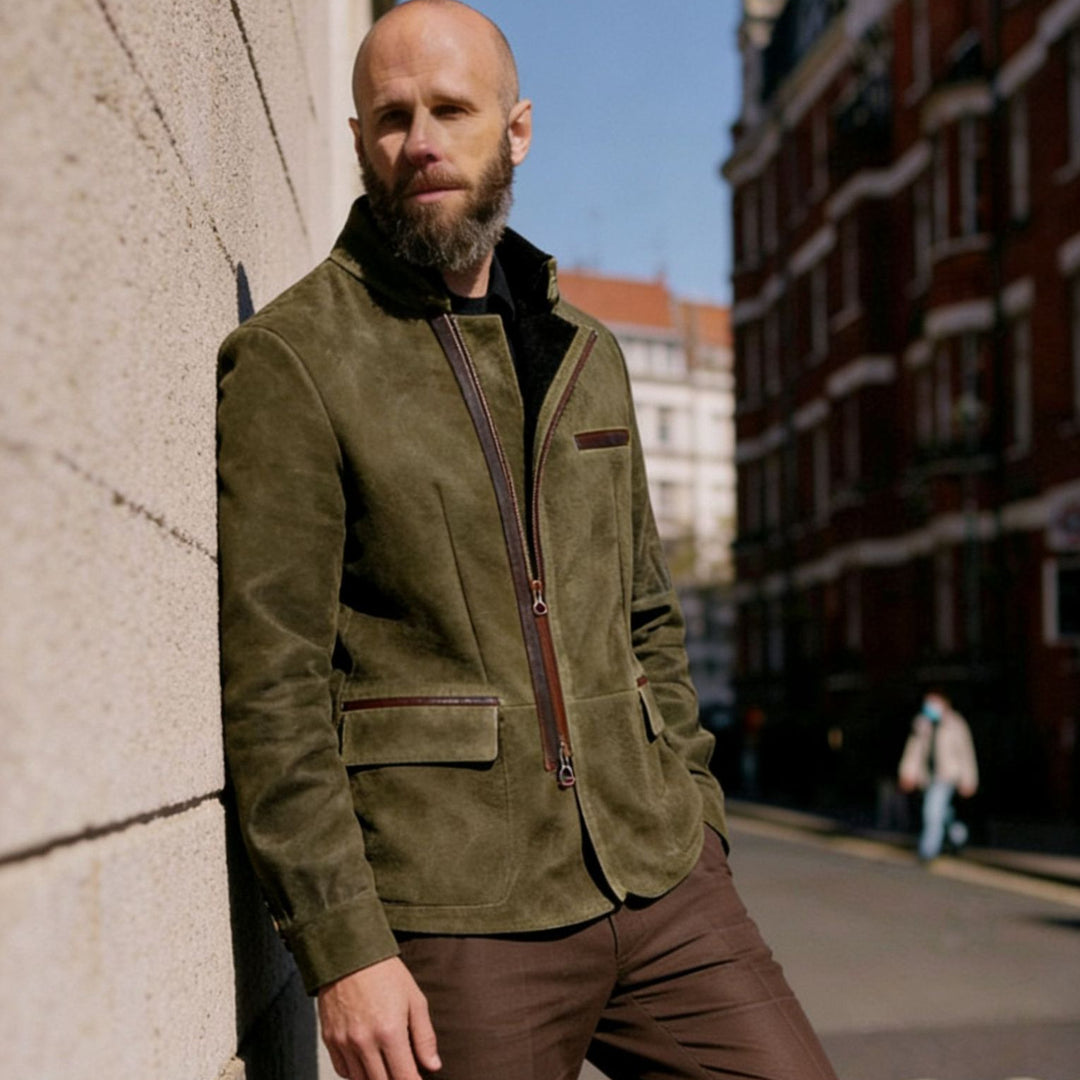 Herren Lederjacke mit hohem Stehkragen und asymmetrischem Zweiwege-Reißverschluss Nord Taschen